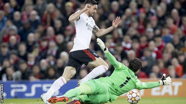 Roman Yaremchuk scores for Benfica against Liverpool at Anfield