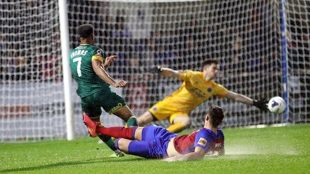 Aldershot keeper Mitch Walker made a key first-half save at 0-0 to deny Notts Country's Wes Thomas