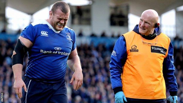 Jack McGrath grimaces as he is forced off in the early stages of Leinster's Pro12 semi-final defeat by the Scarlets