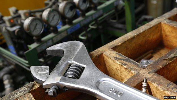 A wrench on a workbench