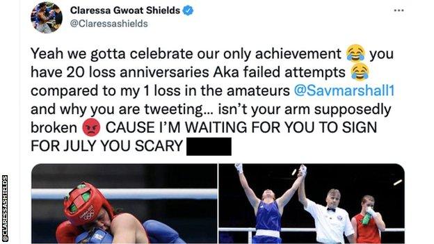 Claressa Shields replying to Savannah Marshall on Twitter.