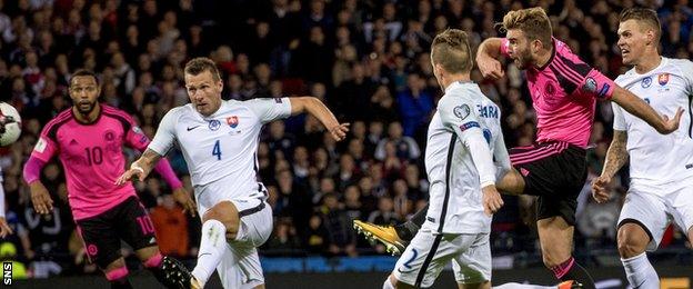 Scotland's James Morrison (right) fires a shot on goal