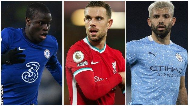 Chelsea's N'Golo Kante, Liverpool's Jordan Henderson and Manchester City's Sergio Aguero