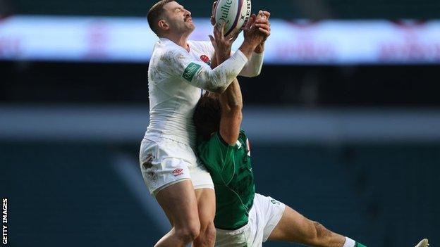 Jonny May outjumps Hugo Keenan to score England's first try v Ireland