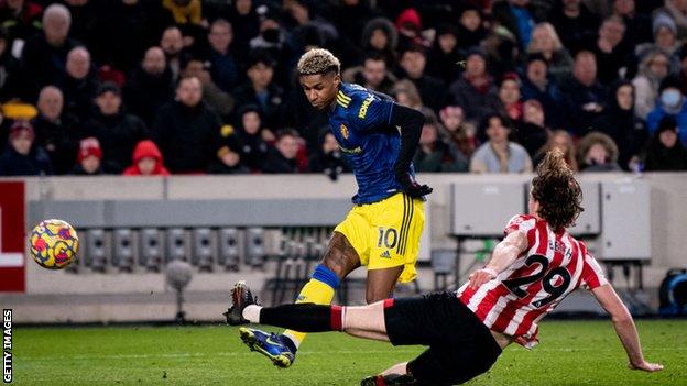 Marcus Rashford scores against Brentford