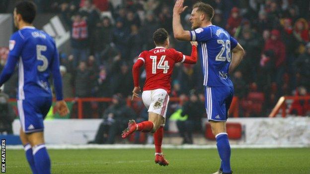 Matty Cash scores Nottingham Forest's second goal against Birmingham City