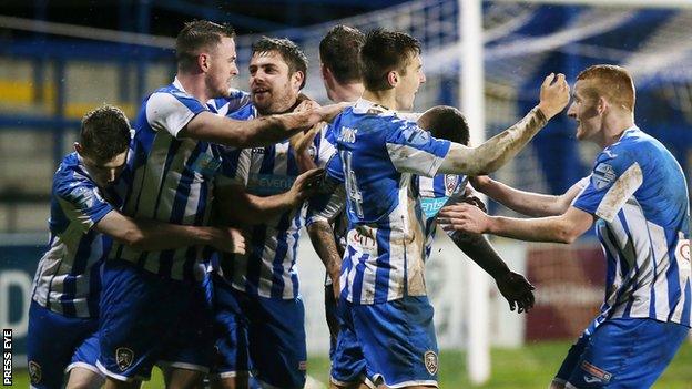 Coleraine celebrate after making it 1-0 at Ballycastle Road