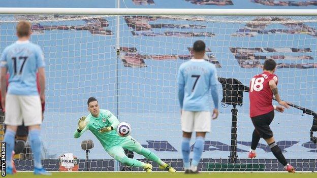 Bruno Fernandes scoring a penalty against Man City