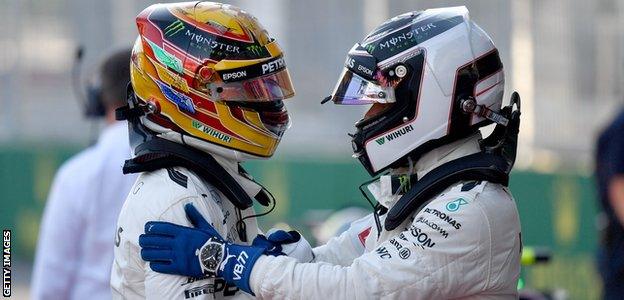 Lewis Hamilton and Valtteri Bottas of Mercedes