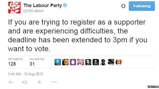 Labour tweet: If you are trying to register as a supporter and are experiencing difficulties, the deadline has been extended to 3pm if you want to vote.