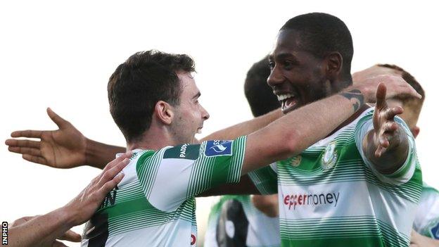 Shamrock Rovers' Joel Coustrain (left) celebrates his strike with fellow goal scorer Dan Carr