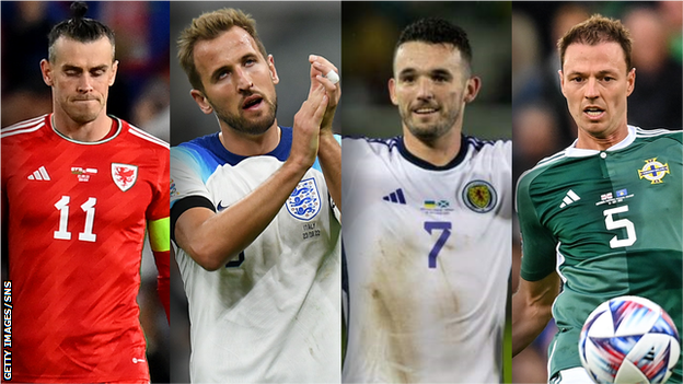 Left to right: Gareth Bale of Wales, Harry Kane of England, John McGinn of Scotland and Jonny Evans of Northern Ireland