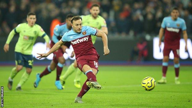 Mark Noble scores from the penalty spot