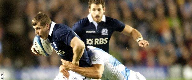 Scotland's Mark Bennett is tackled against Argentina