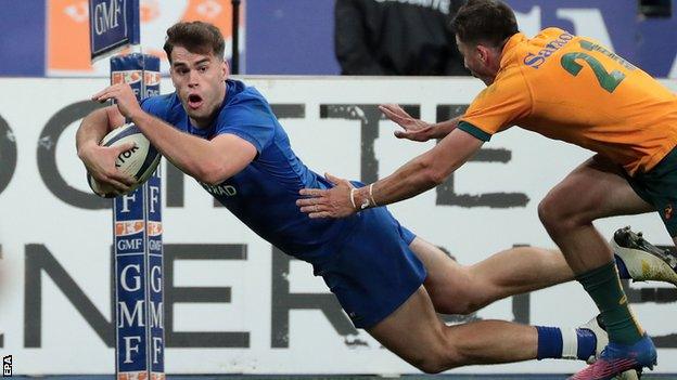 France winger Damian Penaud scores the winning try against Australia