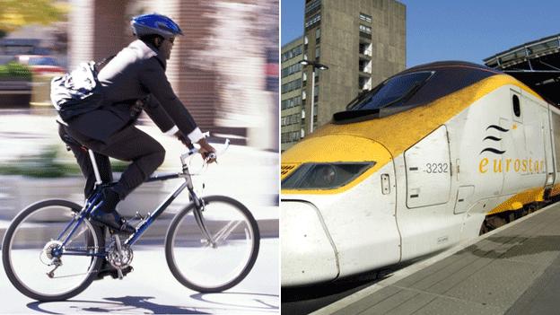 Cyclists and a Eurostar train