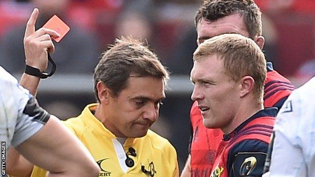 Referee Jerome Garces shows Keith a red card in the European Champions Cup Pool 1 game at Thomond Park