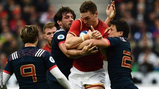 George North runs into strong France defence during Wales' Six Nations match in Paris in 2017