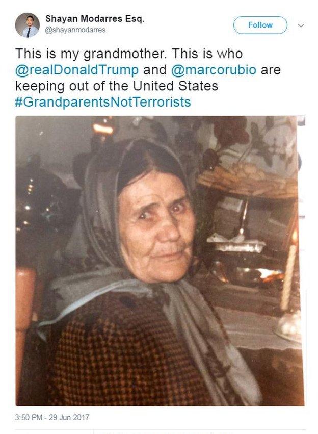 Shayan Modarres Esq. tweets a photo of his grandmother with the caption: "This is my grandmother. This is who @realDonaldTrump and @marcorubio are keeping out of the United States #GrandparentsNotTerrorists".