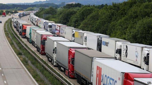 Lorries stacked on a southbound section of the M20