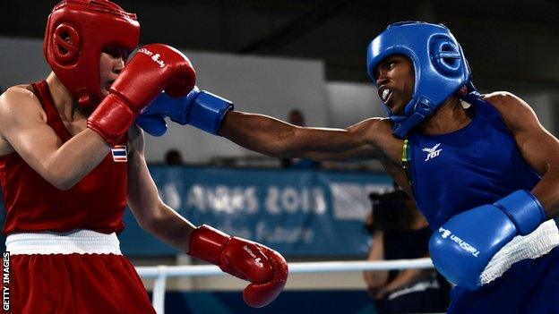 Caroline Dubois of Great Britain beats Porntip Buapa of Thailand in Women's Light (57-60kg) during day 12 of Buenos Aires 2018 Youth Olympic Games