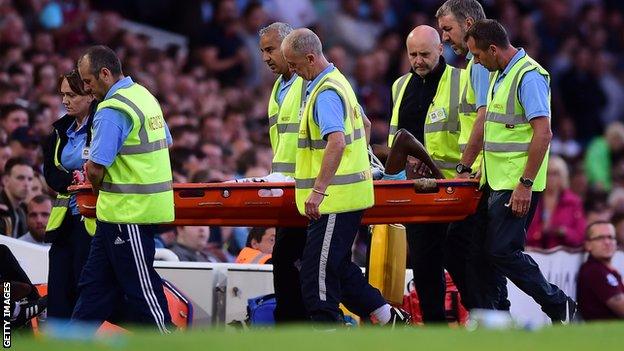 West Ham United forward Enner Valencia is carried off on a stretcher against Astra in the Europa League