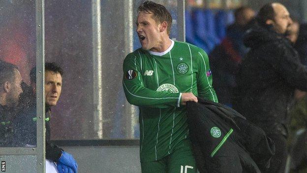 Celtic forward Kris Commons shows his anger