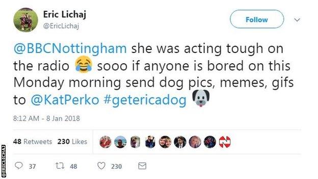 Eric Lichaj tweets to BBC Nottingham asking fans to send dog pictures, memes and gifs to his wife