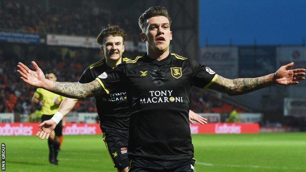 Josh Mullin celebrates a goal for Livingston in the Premiership play-off semi-final