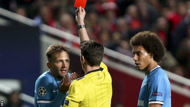 Domenico Criscito of Zenit St-Petersburg is sent off