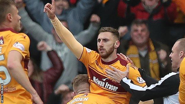 Louis Moult celebrates scoring his second goal for Motherwell