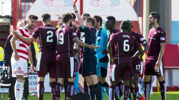 Callum Paterson was red carded during Hearts' 3-2 defeat to Hamilton