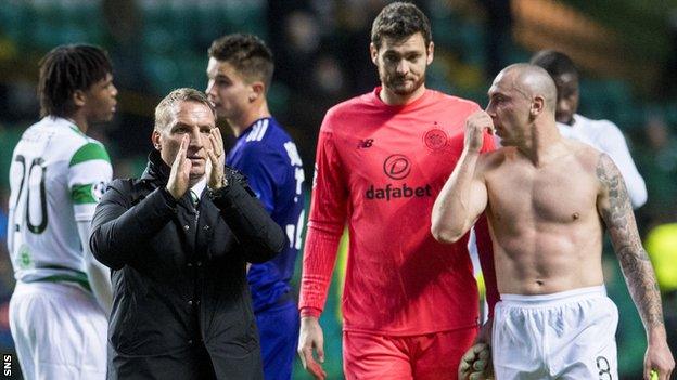 Celtic manager Brendan Rodgers, goalkeeper Craig Gordon and captain Scott Brown