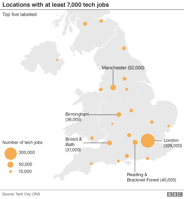 Areas with at least 7,000 tech jobs