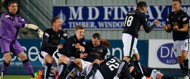 Falkirk players celebrate against Hibs