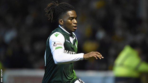 Stephane Omeonga made his Hibs debut at Fir Park but was withdrawn at half time