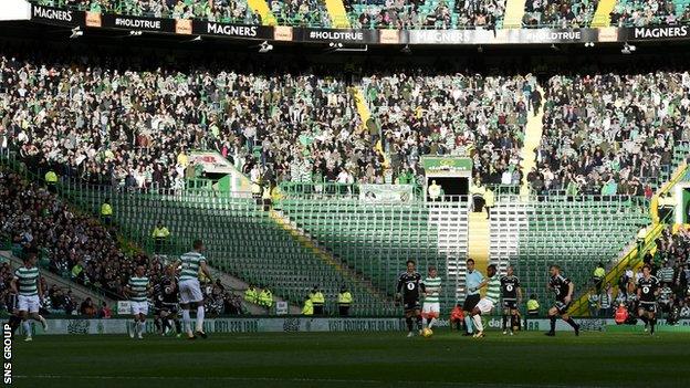 The Green Brigade section of Celtic Park is empty after being closed for the evening