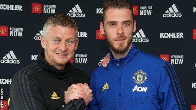 David de Gea, Manchester United goalkeeper and manager Ole Gunnar Solskjaer