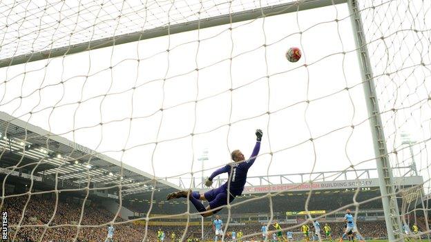 Man City keeper Joe Hart looked beaten before the crossbar kept out Patrick Bamford's shot