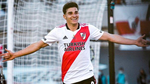 Julian Alvarez celebrates scoring for River Plate