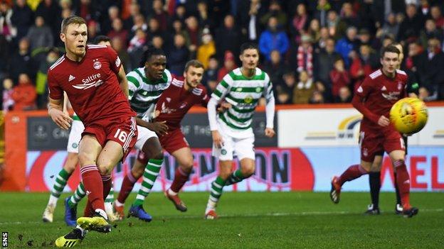 Sam Cosgrove scores for Aberdeen against Celtic