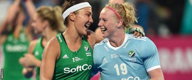 Goalkeeper Ayeisha McFerran (right) with Ireland team-mate Elena Tice after Sunday's defeat by England