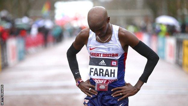 Mo Farah looking disappointed after finishing third at the World Half Marathon Championships in Cardiff