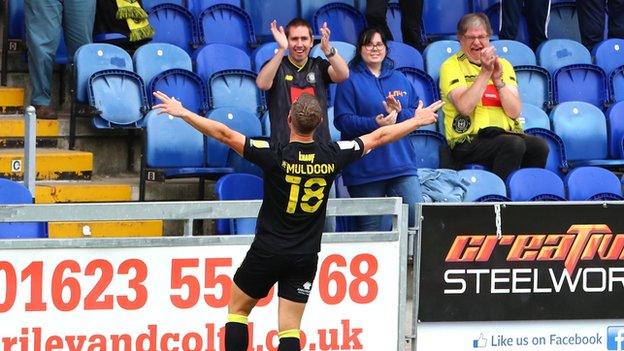 Jack Muldoon netted the second of Harrogate's three goals at Mansfield