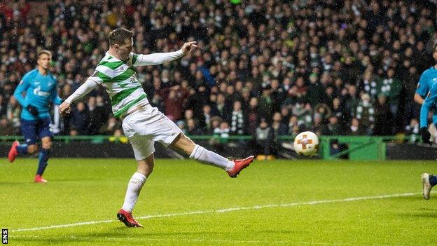 Callum McGregor scores the winner for Celtic in their first leg against Zenit