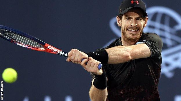 Andy Murray plays a backhand during his one-set exhibition match against Roberto Bautista Agut in Abu Dhabi