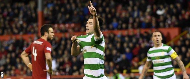 Celtic's Kieran Tierney celebrates scoring against Aberdeen