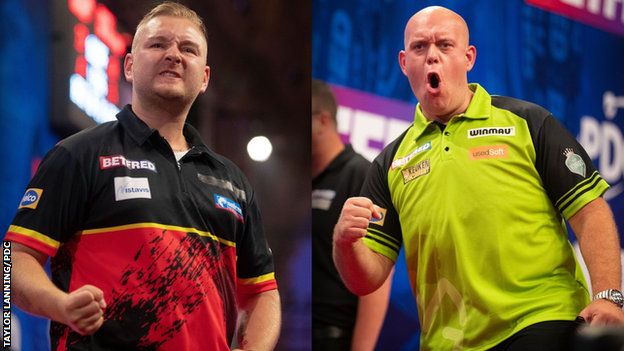 Dimitri Van den Bergh and Michael van Gerwen celebrating