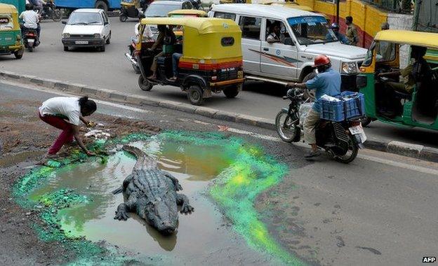 The artist painting the edge of the pothole green, with the fake crocodile in the centre