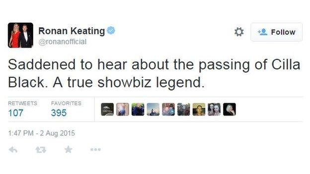 Ronan Keating Twitter tribute to Cilla Black